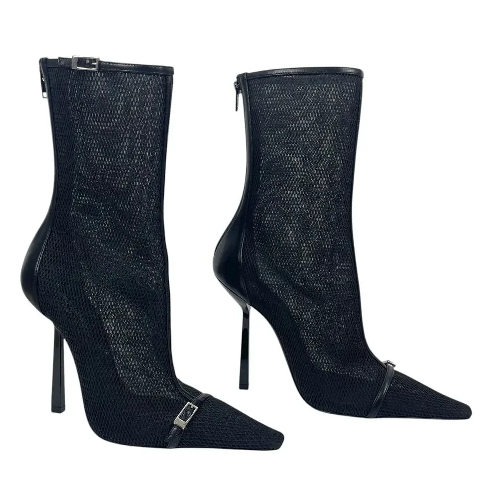 Saint Laurent Oxalis 115mm Mesh Pointed Toe Ankle Boots Black Size 37